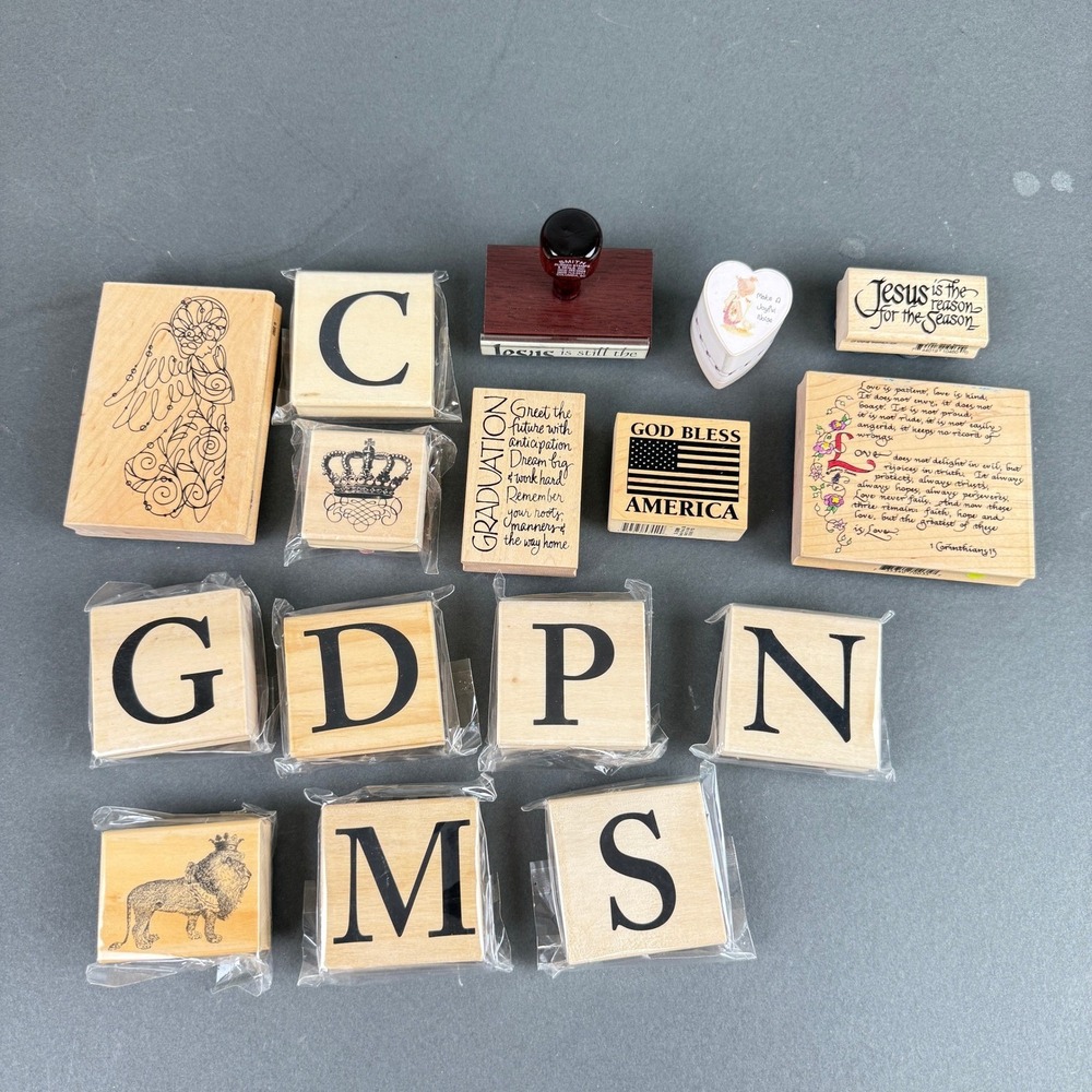 Michaels Smith Rubber Stamps Wooden Stamp Lot Religious Alphabet Patriotic 16pc